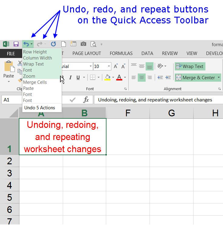 باستخدام التراجع الإعادة وتكرار في Excel