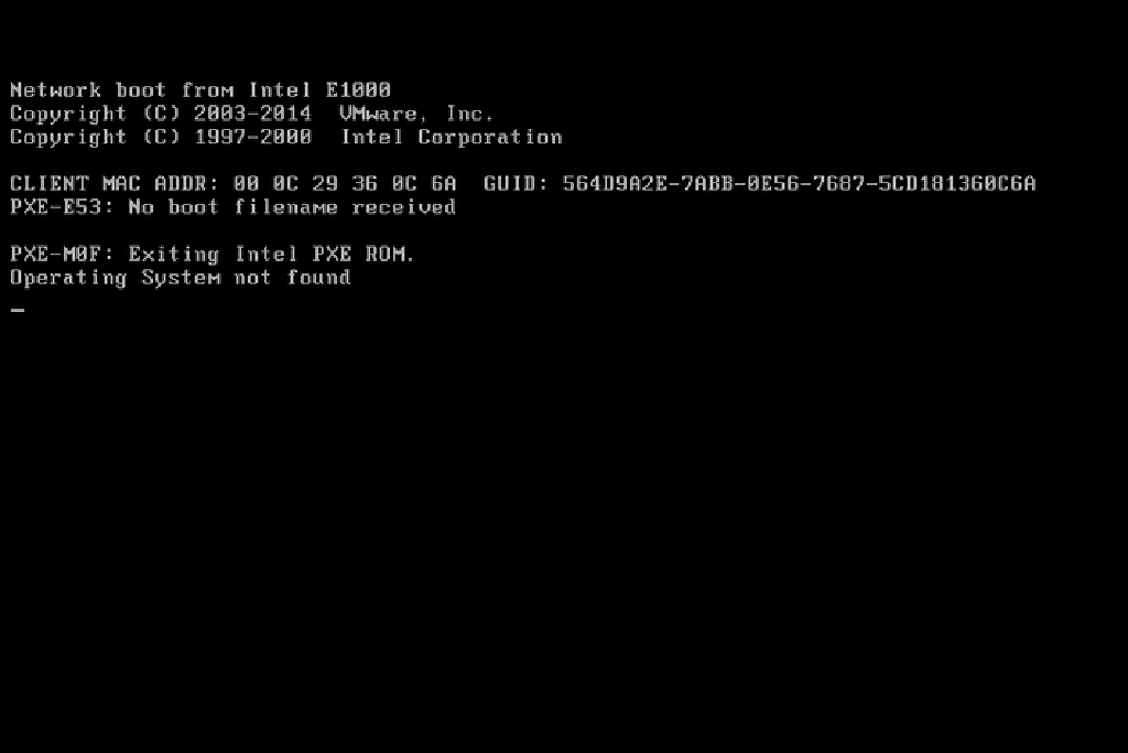 Post error. Operating System not found. PXE e53 no file. Power on self Test