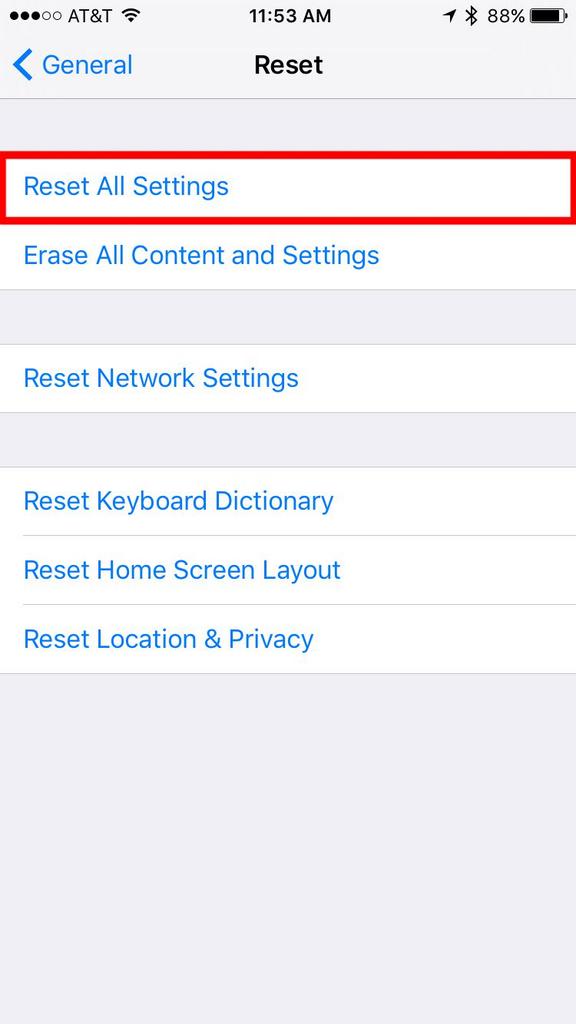 Reset all settings